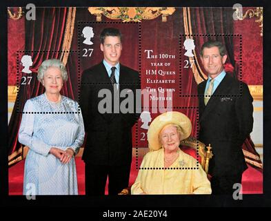 Postage stamp. Great Britain. Queen Elizabeth II. The 100th year of HM Queen Elizabeth the Queen Mother. Miniature sheet. Stock Photo