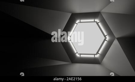 Abstract geometry lit by a neon white hexagonal lamp. Soft shadows. 3D illustration. The vanishing point of the wall geometry in the center of the ima Stock Photo