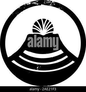 Logo volcano in a circle isolated on white background. Hand drawn brush stroke. Creative icon. Design web, branding, print on t shirt, cup. Stock Vector