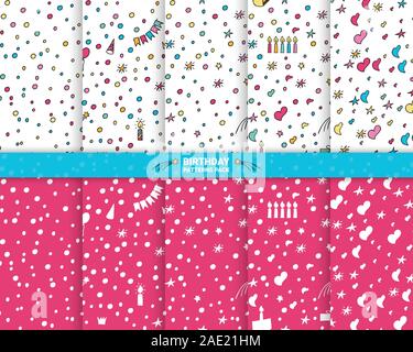 Set patterns hand drawn party doodle happy birthday background. With air balloons, candles, stars, gifts, confetti, and bunting flags garlands. - Vect Stock Vector