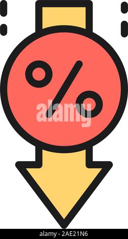 Vector loan interest rate reduction flat color line icon. Stock Vector