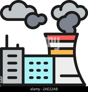 Air pollution of factory, plant carbon dioxide emissions flat color line icon. Stock Vector