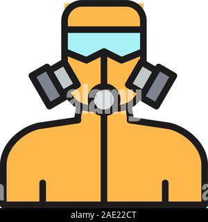 Vector man in gas mask flat color line icon. Stock Vector