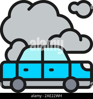 Car with exhaust emissions, car in fire flat color line icon. Stock Vector