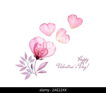 Watercolor Valentines Day card with text. Transparent rose flower with flying petals isolated on white. Botanical floral illustration for Saint Stock Photo