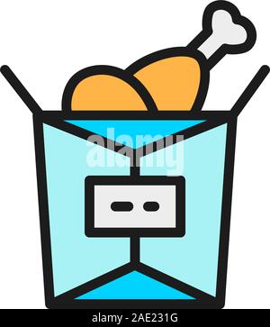 Fast food in paper box, fried chicken legs flat color line icon. Stock Vector