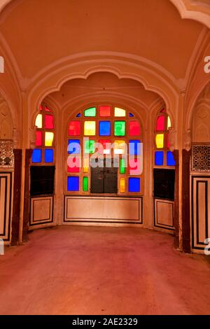 Colored Glass Windows, Ratan Mandir, Hawa Mahal, Jaipur, Rajasthan, India, Asia Stock Photo