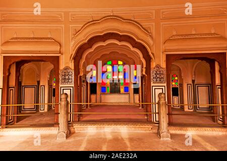 Colored Glass Windows, Ratan Mandir, Hawa Mahal, Jaipur, Rajasthan, India, Asia Stock Photo