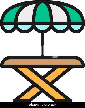Street picnic table with umbrella flat color line icon. Stock Vector