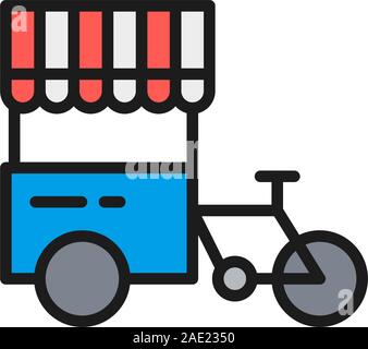 Tricycle with street fridge, hot dog bicycle flat color line icon. Stock Vector