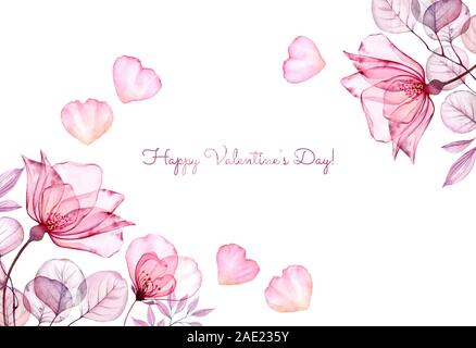 Watercolor Valentines Day card with text. Transparent rose flowers with flying petals. Botanical floral background for Saint Valentine's day greeting Stock Photo