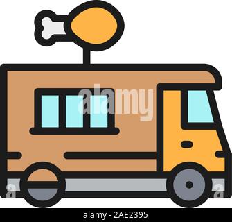 Fried chicken truck, street fast food flat color line icon. Stock Vector