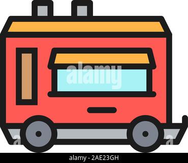 Vector mobile kitchen food trailer flat color line icon. Stock Vector