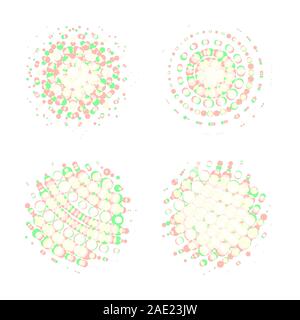 Halftone round design vector elements. Circle pop art banners set. Colorful element with pastel spring color dots illustration. Halftones labels Stock Vector