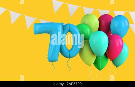 Happy 70th birthday colorful party balloons and bunting. 3D Render Stock Photo