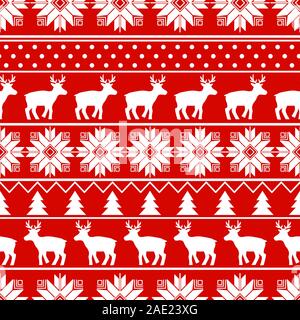Nordic Red seamless pattern with white texture winter sweater. Vector stock illustration deer vintage ornament. Surface design christmas Stock Vector