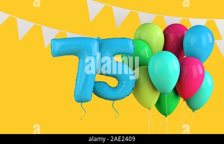 Happy 75th birthday colorful party balloons and bunting. 3D Render Stock Photo