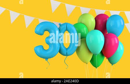 Happy 30th birthday party celebration balloons with hearts. 3D