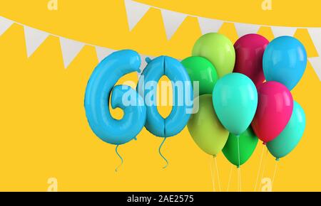 Happy 60th birthday colorful party balloons and bunting. 3D Render Stock Photo