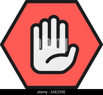 Hand in hexagon, do not touch, no sign allowed flat color line icon. Stock Vector