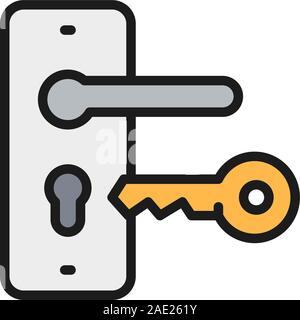 Door handle with key, lock flat color line icon. Stock Vector