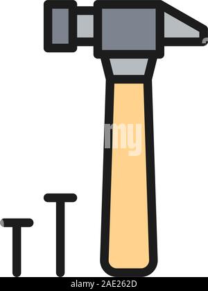 Hammer and nails, building tools flat color line icon. Stock Vector