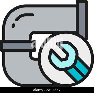 Plumbing, pipe replacement, repair drain pipe flat color line icon. Stock Vector