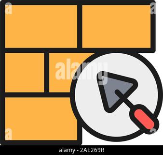 Brick wall with putty knife, repair bricklaying, construction color line icon. Stock Vector