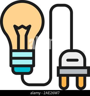 Light bulb with electrical plug, connect flat color line icon. Stock Vector