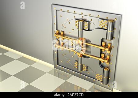 Front view of light gold bank vault door, closed. The door to the bank vault with a lot of secret mechanisms and passwords. 3D Render Stock Photo