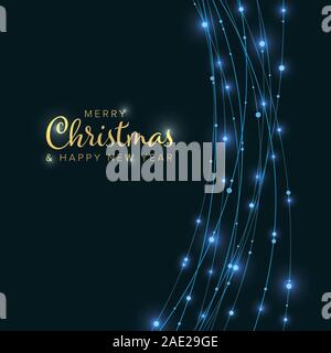 Minimalist Christmas flyer card temlate with blue light chains on dark background Stock Vector