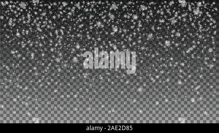 Christmas snowfall. Falling snowflakes on transparent background. Vector illustration. Stock Vector
