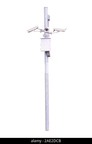 CCTV camera mounted on steel pole for security surveillance. And save the data with video as evidence to the user, isolated on white background Stock Photo