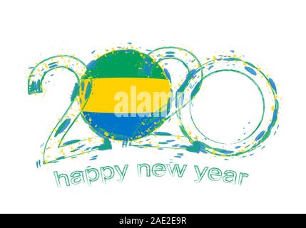 Happy New 2020 Year with flag of Gabon. Holiday grunge vector illustration. Stock Vector