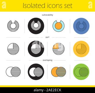 Abstract symbols icons set. Linear, black and color styles. Overlapping, part, vulnerability concepts. Isolated vector illustrations Stock Vector