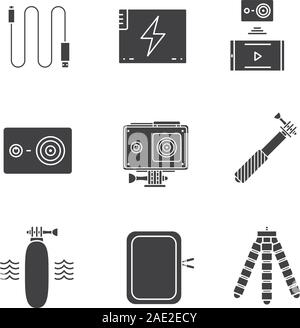 Action camera glyph icons set. Silhouette symbols. Sport cam, usb cable, battery, phone connection, waterproof case, selfie monopod stick, floating gr Stock Vector