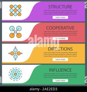 Abstract symbols web banners templates set. Structure, cooperative, directions, influence. Vector headers design concepts Stock Vector