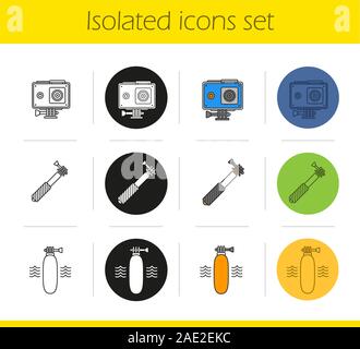 Action camera icons set. Linear, black and color styles. Floating grip, action cam in protection case, monopod. Isolated vector illustrations Stock Vector