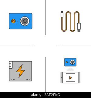 Action camera color icons set. Mini USB cable, battery, action camera to smartphone wireless connection. Isolated vector illustrations Stock Vector