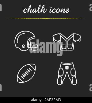 American football equipment chalk icons set. Helmet, shoulder pad, ball, shorts. Isolated vector chalkboard illustrations Stock Vector