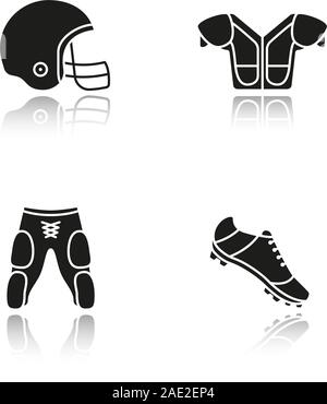 American football player's uniform. Drop shadow black icons set. Helmet, shoulder pad, shoe, shorts. Isolated vector illustrations Stock Vector