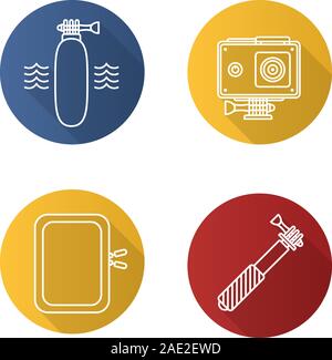 Action camera flat linear long shadow icons set. Floating grip, gadget protective case, monopod. Vector line illustration Stock Vector