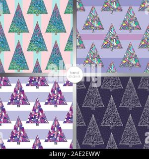 Happy New Year backgrounds in modern style. Hand drawn Christmas trees vector seamless patterns. Stock Vector