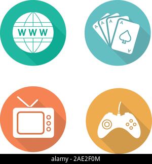 Bad habits flat design long shadow icons set. Game console joystick, www network symbol, playing cards deck, retro tv-set. Gambling, internet, gaming Stock Vector