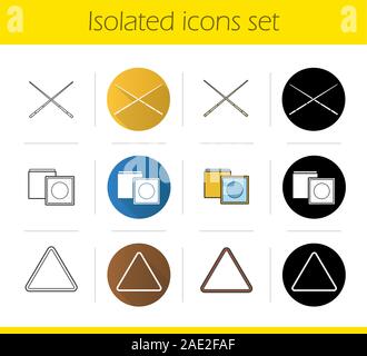 Billiard icons set. Flat design, linear, black and color styles. Chalks, cues, triangle ball rack. Vector Stock Vector