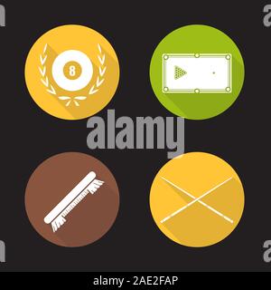 Billiard equipment flat design long shadow icons set. Billiard brush, table with balls rack, crossed cues and eight ball in laurel wreath. Vector silh Stock Vector