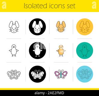 Animals icons set. Linear, black and color styles. Rabbit, chicken, butterfly. Isolated vector illustrations Stock Vector