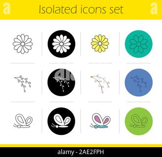 Spring icons set. Linear, black and color styles. Butterfly, aster flower, willow blossom. Nature. Isolated vector illustrations Stock Vector