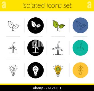 Eco energy icons set. Linear, black and color styles. Growing plant, windmill, eco concept. Isolated vector illustrations Stock Vector