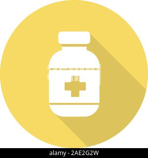 Pills bottle flat design long shadow icon. Medication bottle. Vector silhouette symbol Stock Vector